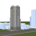 Modern High Rise Residential Building Exterior With Glass Curtain Walls And Balconies Against Blue Sky