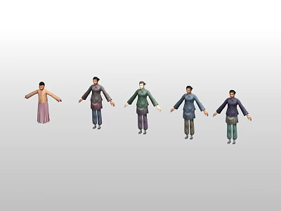 Five People Characters in Traditional Clothing with Different Colors Standing Poses 3d model