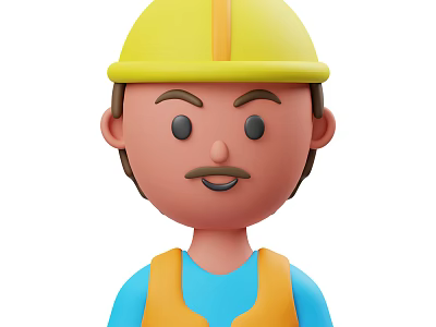 Cartoon Construction Worker Character With Yellow Hard Hat And Blue Shirt 3d model
