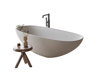 Modern Minimalist Oval Freestanding Bathtub With Wooden Side Table Potted Plant And Scented Candle 3d model