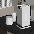 Modern Silver Coffee Maker With White Cup Metal Cup On Dark Table Near Window Blinds