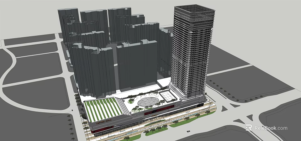 Commercial Complex With High Rise Tower Surrounding Buildings and Landscaped Plaza 3d model 