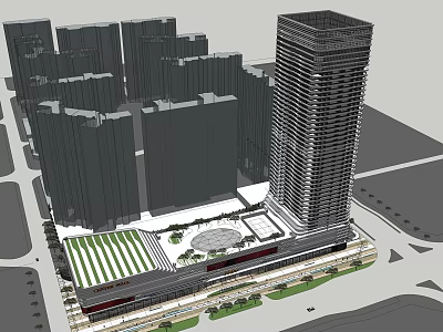 Commercial Complex With High Rise Tower Surrounding Buildings and Landscaped Plaza 3d model