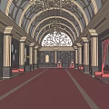 Elegant Elevator Hallway With Arched Ceiling Chandelier Columns Red Carpet And Benches 3d model