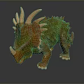 Realistic Ceratopsian Dinosaur Model With Green Orange Skin Spiked Back And Horned Head