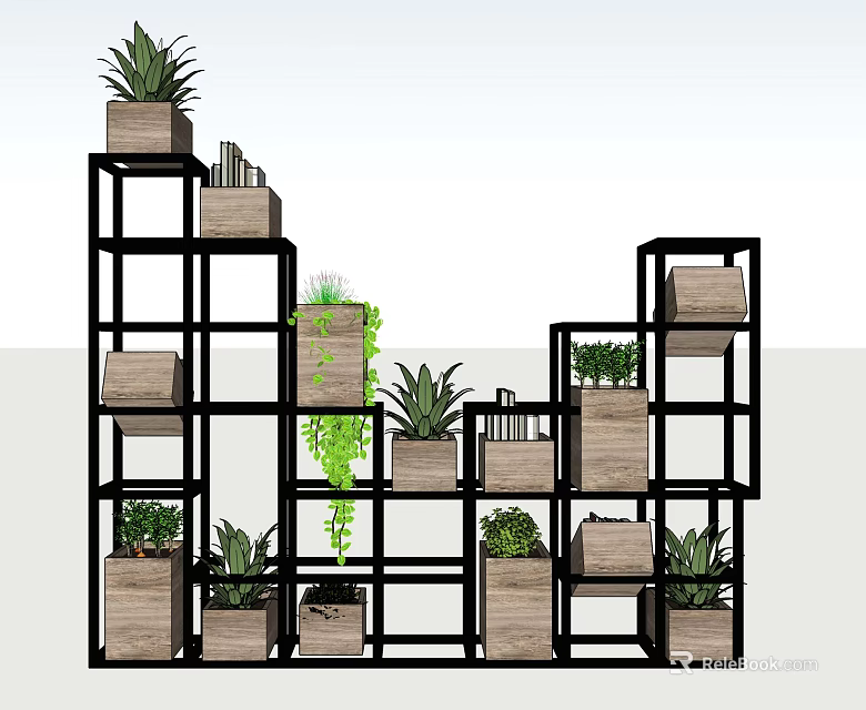 Modern Storage Shelf Unit With Black Frame And Wooden Compartments Holding Green Plants 3d model 