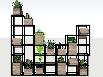 Modern Storage Shelf Unit With Black Frame And Wooden Compartments Holding Green Plants 3d model