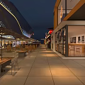 Modern Commercial Street Featuring Unique Architecture Coffee Shop Evening Lighting And Reflective Ground