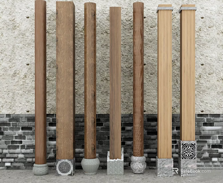 Different Wooden Columns With Decorative Bases Against Brick Stone Wall 3d model