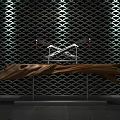 Crossed Swords with Golden Decorations on Black Geometric Wall Illuminated by Lights and Wooden Base