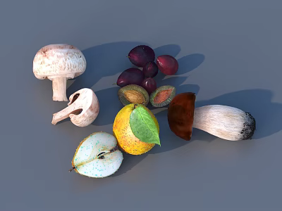 3D Rendered Assorted Fruits Including Pear Plum and Leaf on Gray Background 3d model