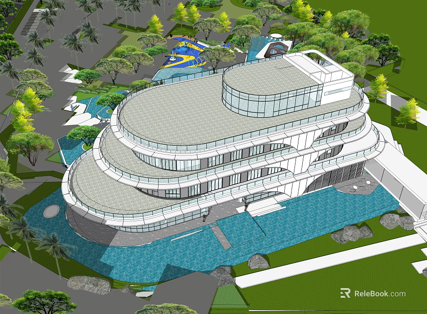 Modern Sales Office Building With Curved Glass Facade And Landscaped Water Gardens 3d model 