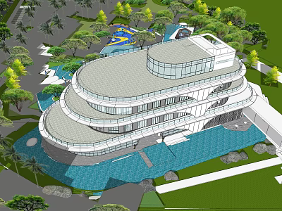 Modern Sales Office Building With Curved Glass Facade And Landscaped Water Gardens 3d model