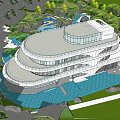 Modern Sales Office Building With Curved Glass Facade And Landscaped Water Gardens