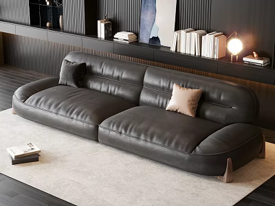 Black Leather Three-Seater Sofa with Two Pillows on Light Rug Near Bookshelf and Table Lamp 3d model