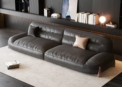 Three-Person Leather Sofa Multi-Person Leather Sofa Pillow Carpet Background Decorative Cabinet Table Lamp Jewelry Abstract Hanging Painting Books 3d model