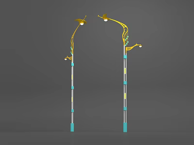 Outdoor Lights With Blue And White Striped Poles Curved Yellow Arms And White Lamp Heads 3d model