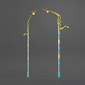 Outdoor Lights With Blue And White Striped Poles Curved Yellow Arms And White Lamp Heads
