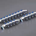 Control Room With Three Long White Consoles And Multiple Blue Seats With Blue Line Decorations