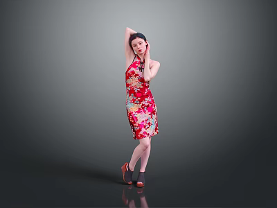 Woman In Red Floral Qipao Posing With Leg Up Hand Behind Head Against Grey Background 3d model