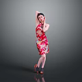 Woman In Red Floral Qipao Posing With Leg Up Hand Behind Head Against Grey Background