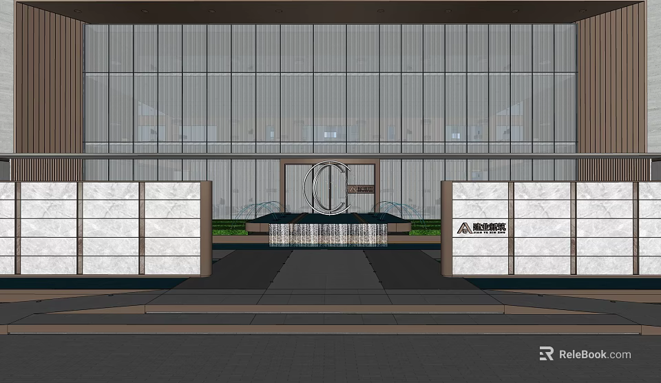 Modern Garden Landscape At Building Entrance With Glass Facade Symmetrical Structures And Fountain 3d model 