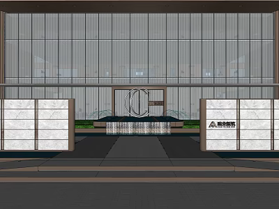 Modern Garden Landscape At Building Entrance With Glass Facade Symmetrical Structures And Fountain 3d model