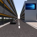 Modern Multi Story Parking Garage With Gray Exterior Yellow Railings And Blue Screens