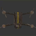 Industrial Four Propeller Drone With Yellow Black Warning Stripes Metallic Body And Underneath Sensor