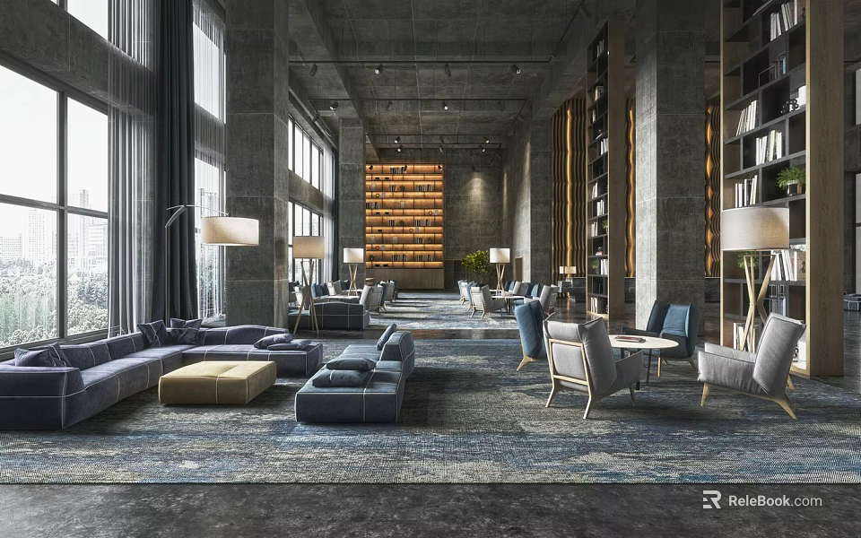 Modern Spacious Sales Office Interior Design With Large Windows Sofas And Bookshelf Walls 3d model 