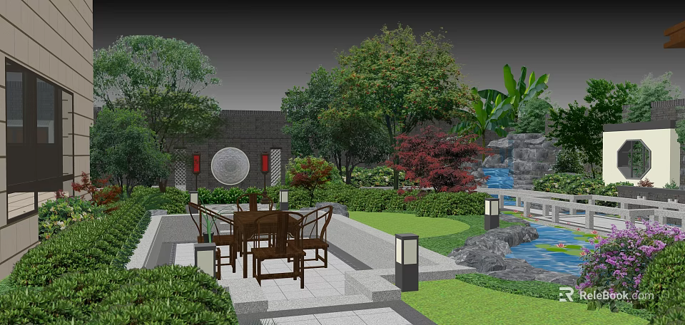 Traditional Chinese Garden Landscape With Rockery Stones Flowing Water And Green Plants 3d model 
