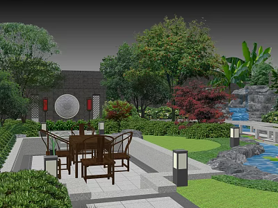 Traditional Chinese Garden Landscape With Rockery Stones Flowing Water And Green Plants 3d model