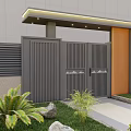Modern Landscape Pavilion With Green Shrubs Stone Path And Wooden Accents