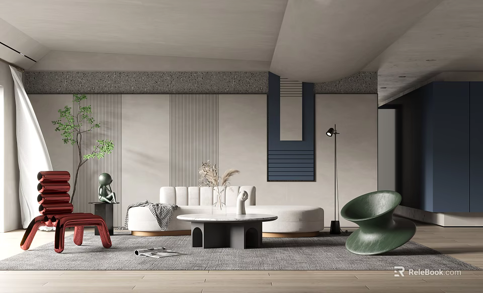Modern Living Room Interior With Sofa Unique Coffee Table Green Accent Chair And Wall Design 3d model 