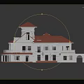 Cartoon Scene of White Building With Red Roof Balconies Arched Windows And Steps
