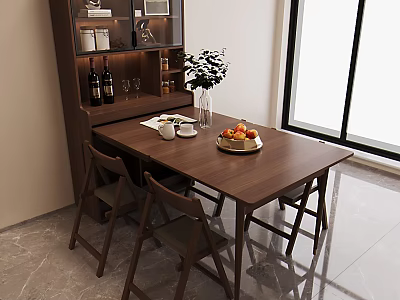 Wooden Dining Table With Four Chairs And Cabinet Featuring Fruit Plate Teacups Vase 3d model