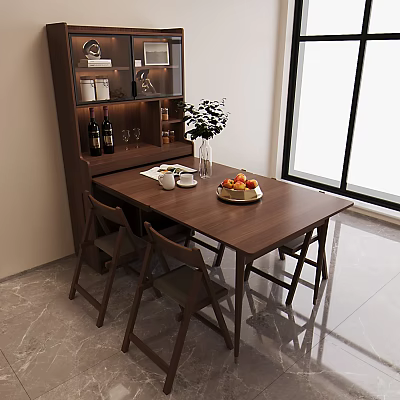 Wooden Dining Table With Four Chairs And Cabinet Featuring Fruit Plate Teacups Vase 3d model