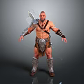 Shirtless Muscular Warrior Man Standing With Leather Armor And Sword On Gray Background