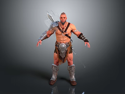 Shirtless Muscular Warrior Man Standing With Leather Armor And Sword On Gray Background 3d model