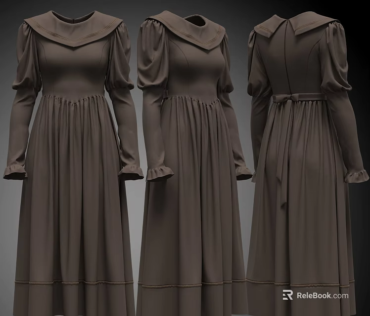 Brown Long Sleeve Dress with Collared Neckline Tie Waist Pleated Skirt Front and Back Views 3d model 