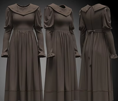 Brown Long Sleeve Dress with Collared Neckline Tie Waist Pleated Skirt Front and Back Views 3d model