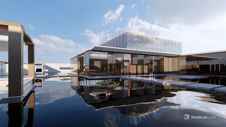 Modern Glass Building with Reflection in Water Pool Under Clear Sky 3d model