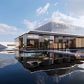 Modern Glass Building with Reflection in Water Pool Under Clear Sky