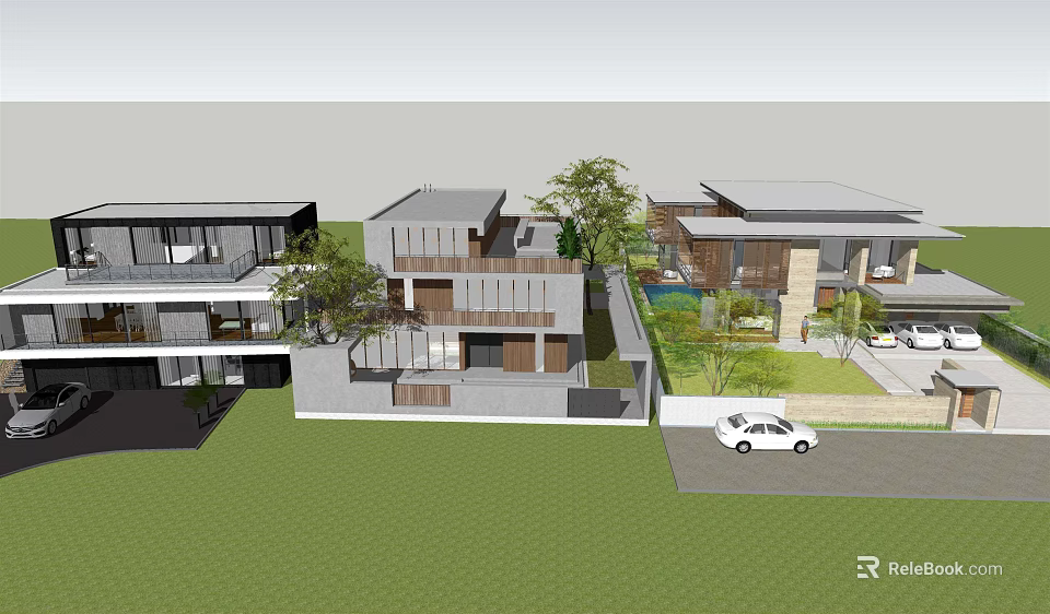 Modern Detached Villa Exterior With Green Lawn Trees And White Car Parking 3d model 