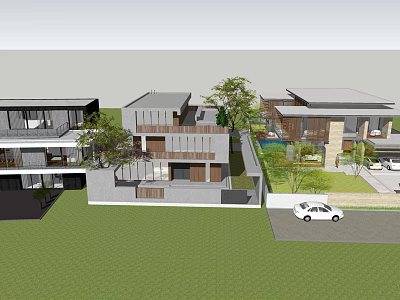 Modern Detached Villa Exterior With Green Lawn Trees And White Car Parking 3d model