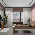 Yoga Studio Interior With Pink Walls Hanging Hoops Yoga Mats And Exercise Balls