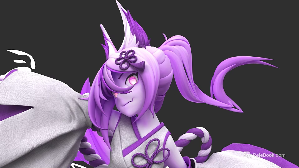 Vibrant Game Movie Character With Purple Hair Horns Kimono Bow And Ponytail 3d model 