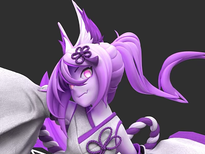 Vibrant Game Movie Character With Purple Hair Horns Kimono Bow And Ponytail 3d model