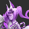 Vibrant Game Movie Character With Purple Hair Horns Kimono Bow And Ponytail