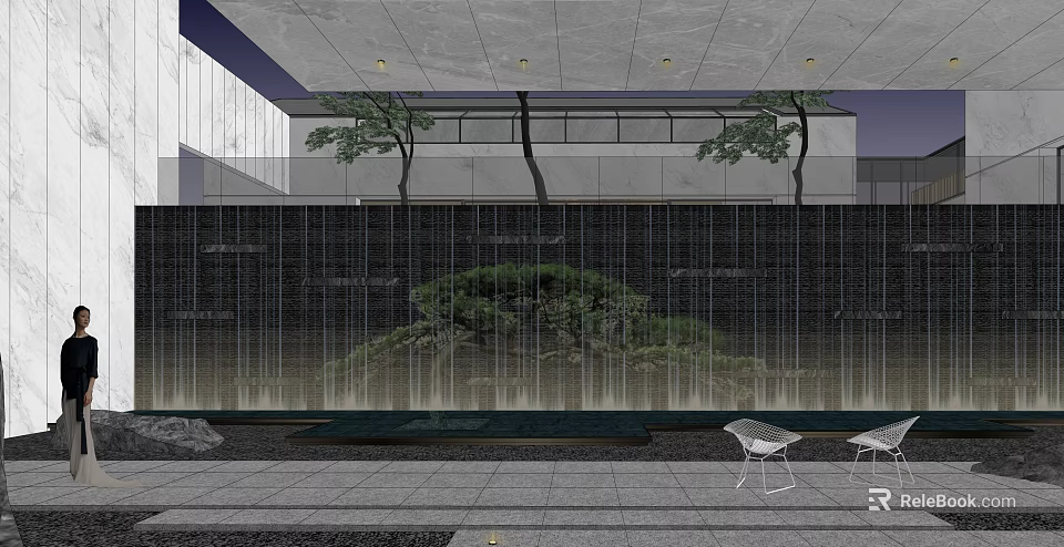 Modern Garden Landscape With Water Curtain Stone Wall Trees And Courtyard Seats 3d model 